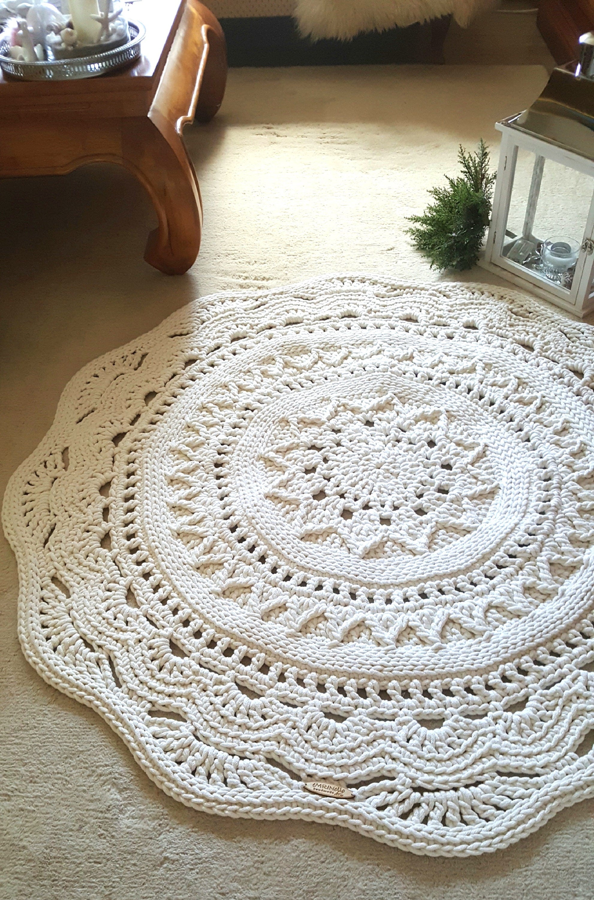 Teppich rund Wohnzimmer, Kinderzimmer Deko, Baumwollteppich, im skandinavischem Stil, vintage Teppich handgefertigt und nachhaltig
