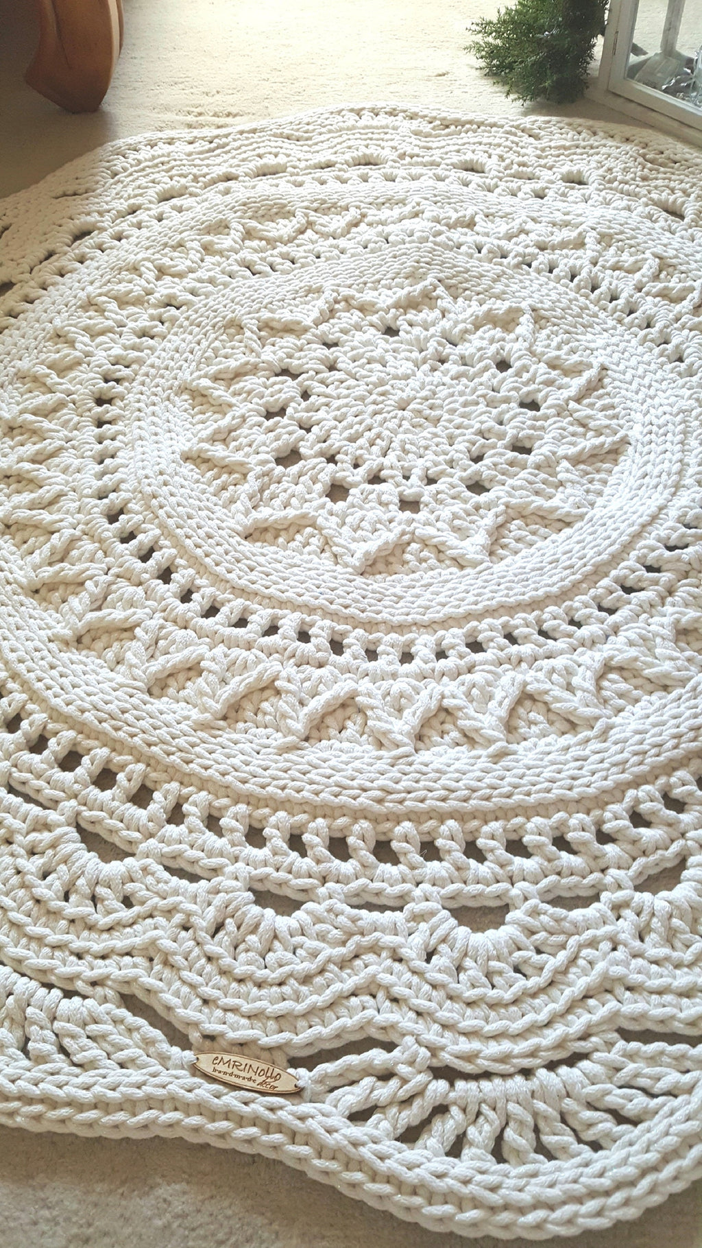 Teppich rund Wohnzimmer, Kinderzimmer Deko, Baumwollteppich, im skandinavischem Stil, vintage Teppich handgefertigt und nachhaltig