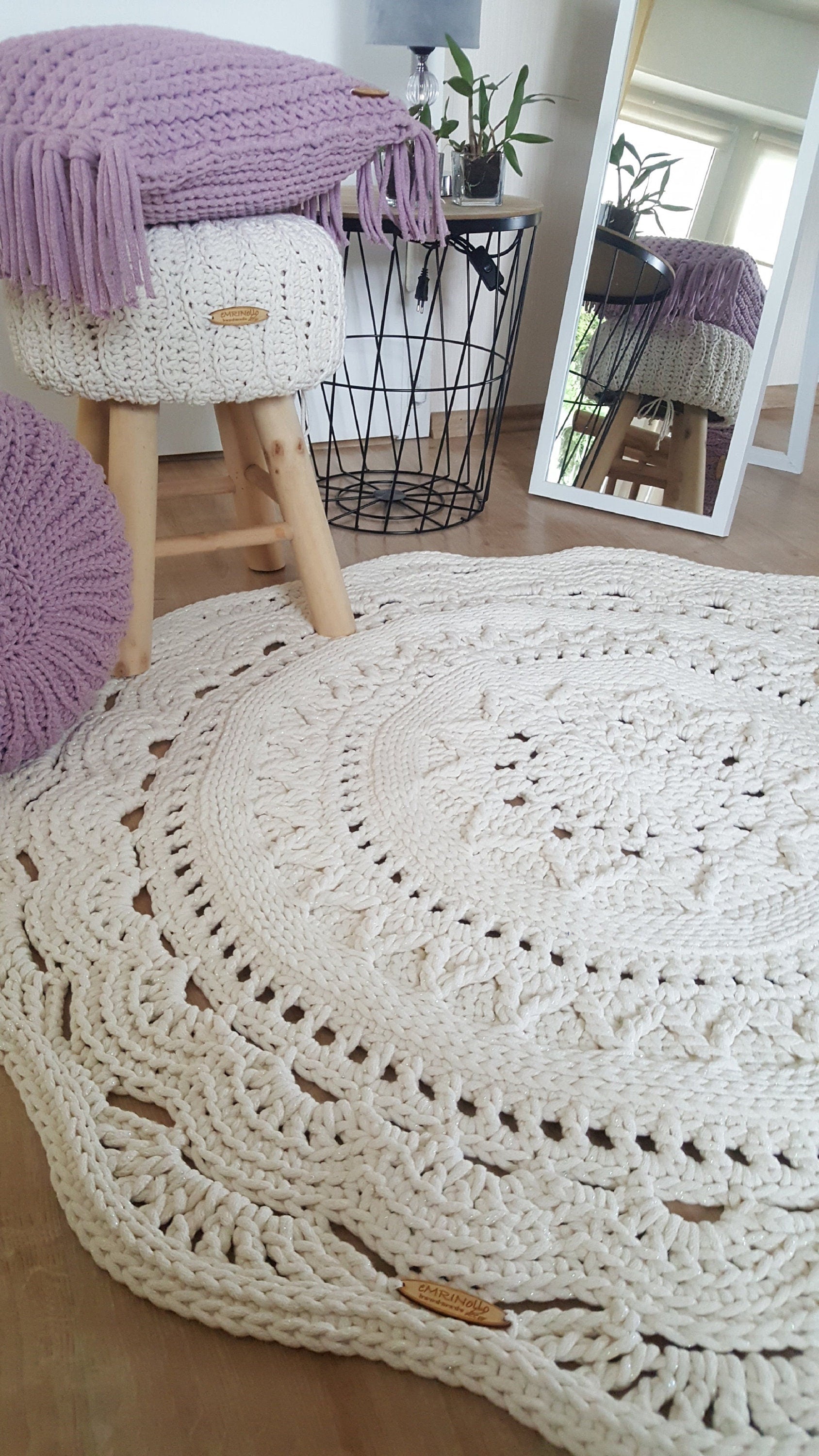 Teppich rund Wohnzimmer, Kinderzimmer Deko, Baumwollteppich, im skandinavischem Stil, vintage Teppich handgefertigt und nachhaltig