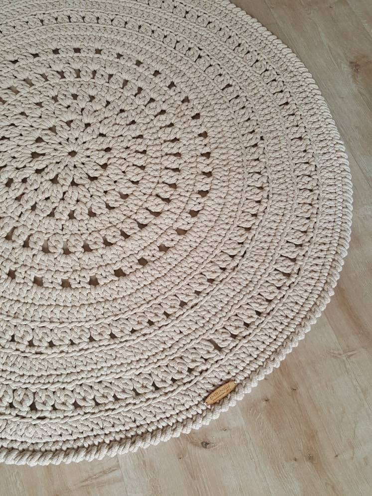 Teppich rund Wohnzimmer, Kinderzimmer Deko, Baumwollteppich, im skandinavischem Stil, vintage Teppich handgefertigt und nachhaltig