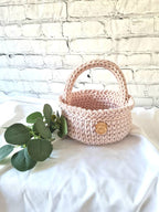 Crocheted cotton basket with handle | Boho storage basket | Handmade kids room and bathroom decor | Soft & natural design