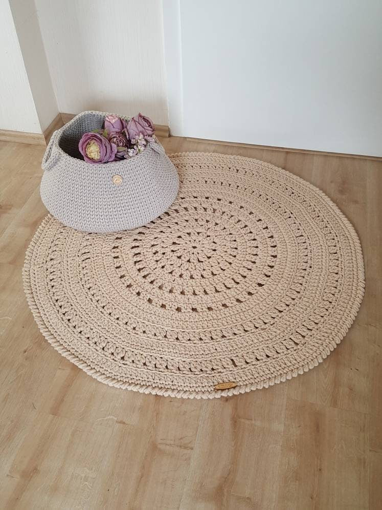Teppich rund gehäkelt, Kinderzimmer Deko, Baumwollteppich, im skandinavischem Stil, Babyzimmer deko, handgefertigt, nachhaltig