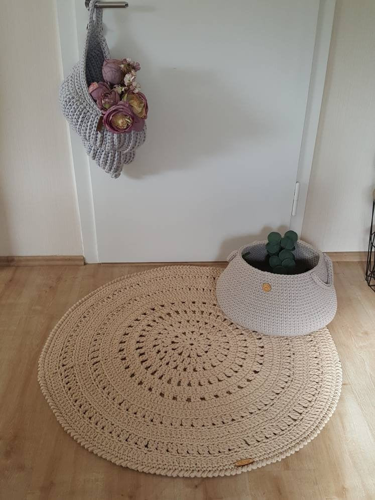 Teppich rund Wohnzimmer, Kinderzimmer Deko, Baumwollteppich, im skandinavischem Stil, vintage Teppich handgefertigt und nachhaltig