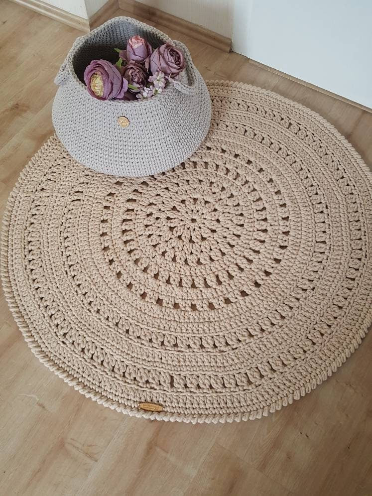 Teppich rund Wohnzimmer, Kinderzimmer Deko, Baumwollteppich, im skandinavischem Stil, vintage Teppich handgefertigt und nachhaltig