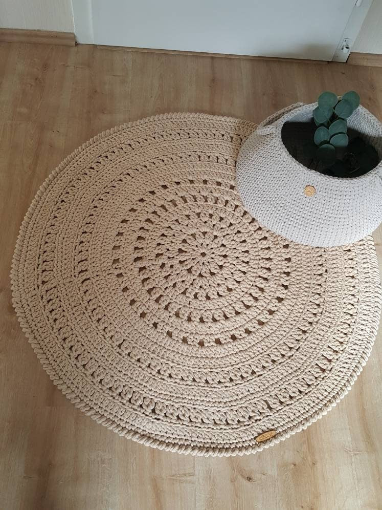 Teppich rund Wohnzimmer, Kinderzimmer Deko, Baumwollteppich, im skandinavischem Stil, vintage Teppich handgefertigt und nachhaltig