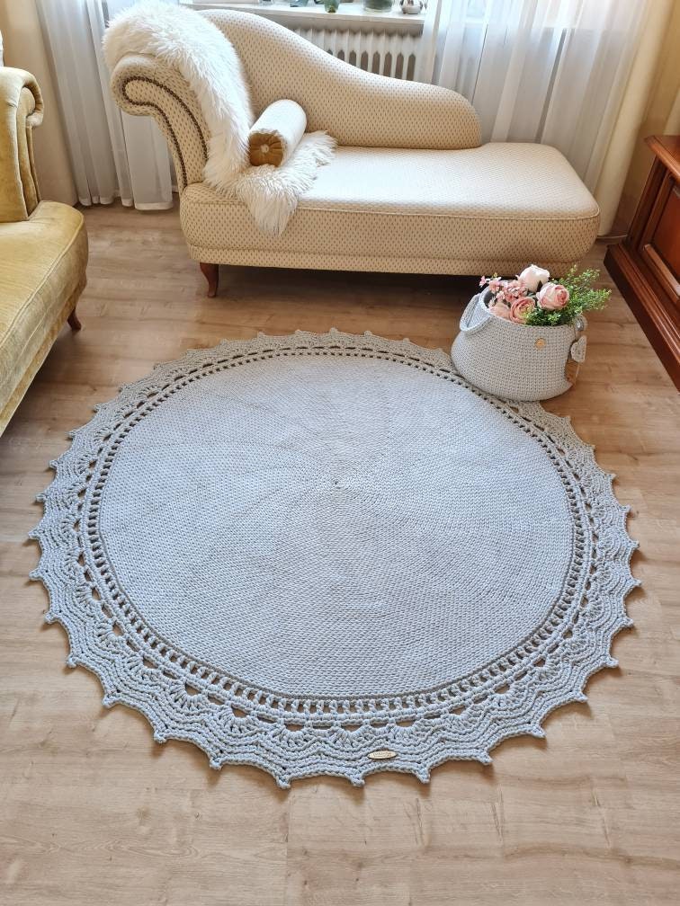 Runder Teppich, gehäkelter Teppich Kinderzimmer Dekor, gehäkelte Teppiche, im skandinavischen neutral Dekor, vintage, Teppich handgefertigt