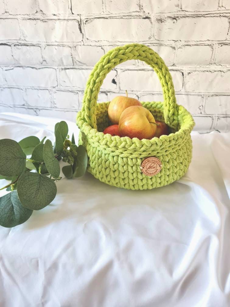 Crocheted cotton basket with handle | Boho storage basket | Handmade kids room and bathroom decor | Soft & natural design