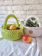 Crocheted cotton basket with handle | Boho storage basket | Handmade kids room and bathroom decor | Soft & natural design