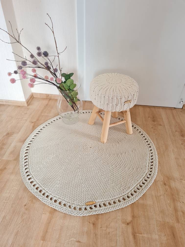 Teppich rund Badezimmer, Baumwollteppich beige, Teppich Babyzimmer, Mandala Teppich, skandinavisches Dekor, gehäkelter Teppich modern, Wohn