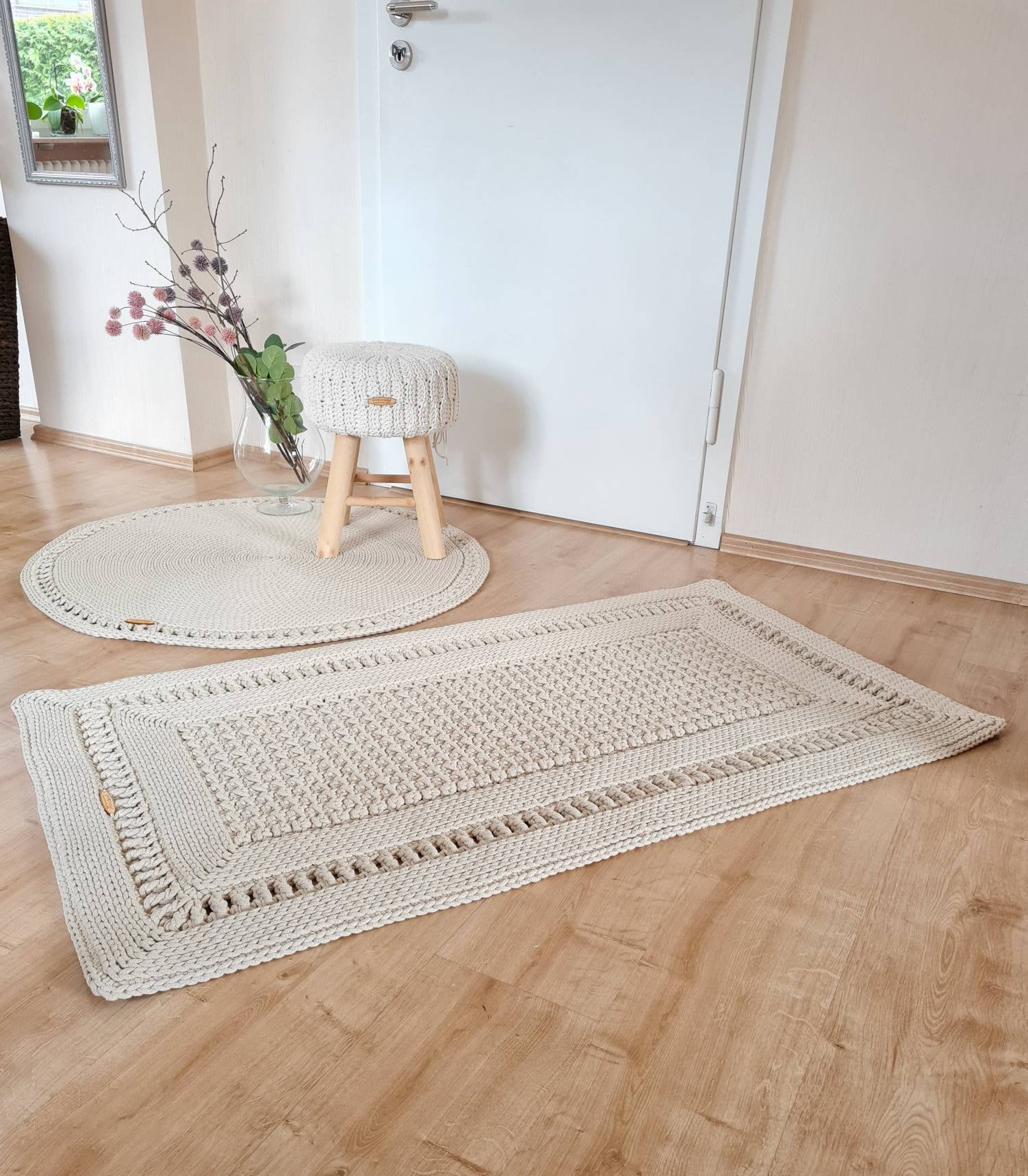 Teppich rund Badezimmer, Baumwollteppich beige, Teppich Babyzimmer, Mandala Teppich, skandinavisches Dekor, gehäkelter Teppich modern, Wohn