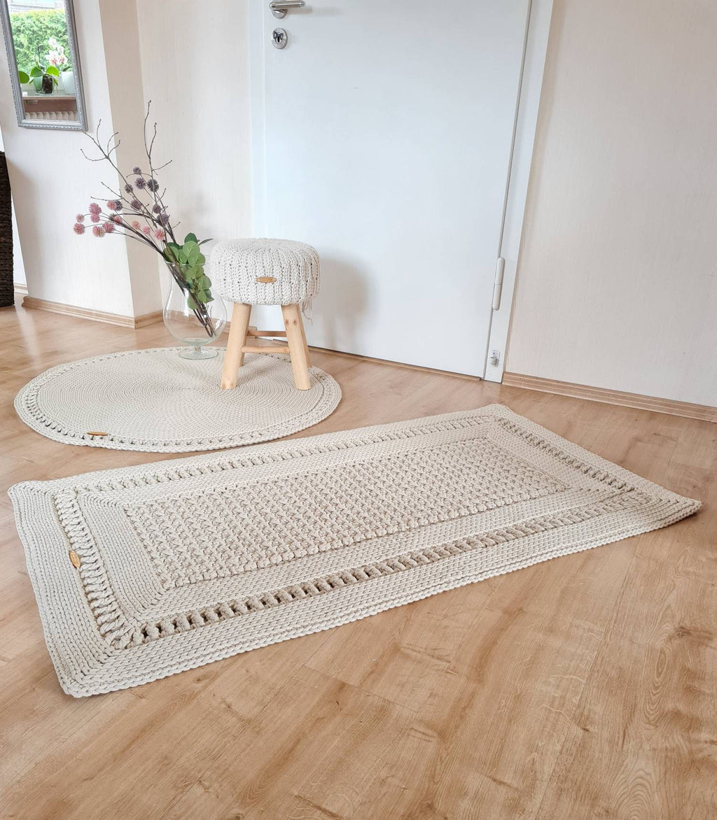 Teppich rund Badezimmer, Baumwollteppich beige, Teppich Babyzimmer, Mandala Teppich, skandinavisches Dekor, gehäkelter Teppich modern, Wohn