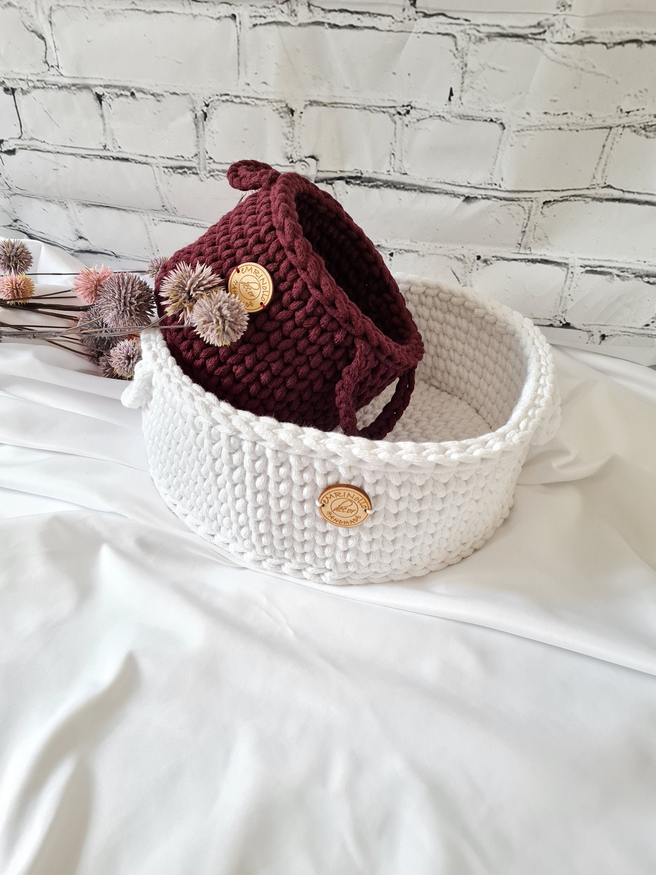 Korb gehäkelt rund, Baumwollkorb, Babyzimmer deko, Kinderzimmer Dekoration, Babyausstattung Babypartygeschenk, Babyzimmer Aufbewahrung,
