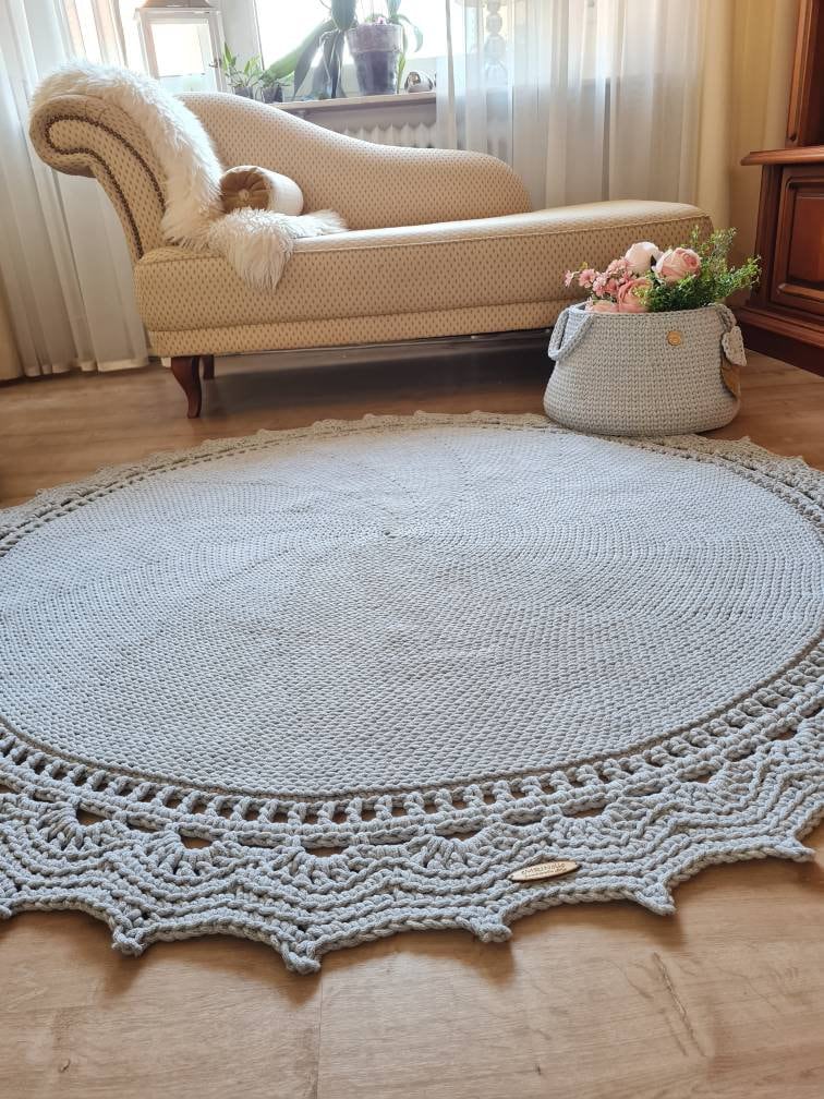 Runder Teppich, gehäkelter Teppich Kinderzimmer Dekor, gehäkelte Teppiche, im skandinavischen neutral Dekor, vintage, Teppich handgefertigt