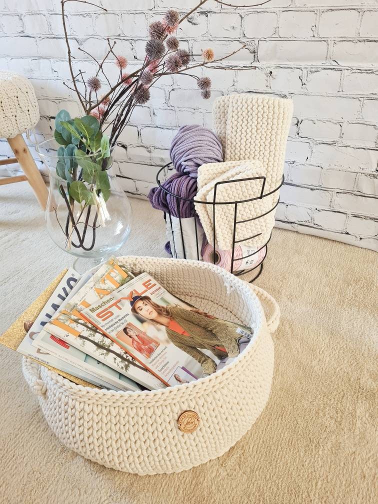 Zeitungskorb, newspaper basket, basket crochet, Korbschale, Aufbewahrungskorb gehäkelt, grau Spielzeug Korb, Scandi Home-Dekor, handmade