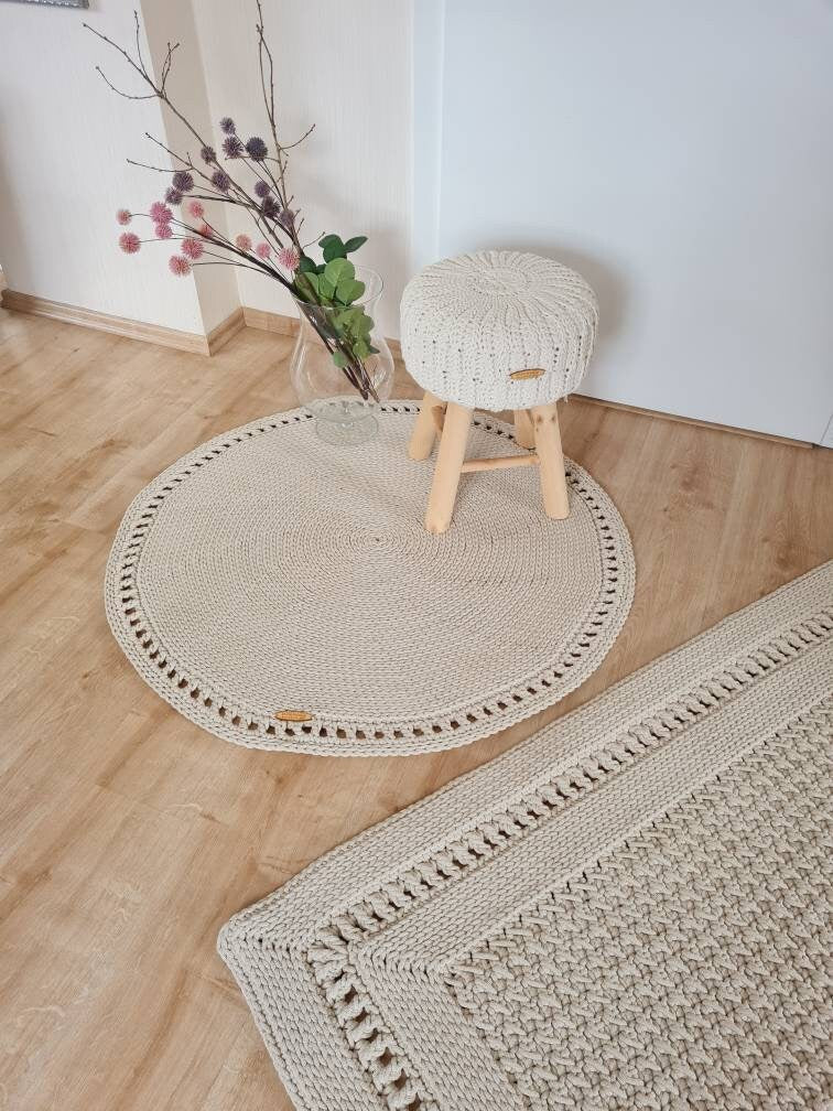 Teppich rund Badezimmer, Baumwollteppich beige, Teppich Babyzimmer, Mandala Teppich, skandinavisches Dekor, gehäkelter Teppich modern, Wohn