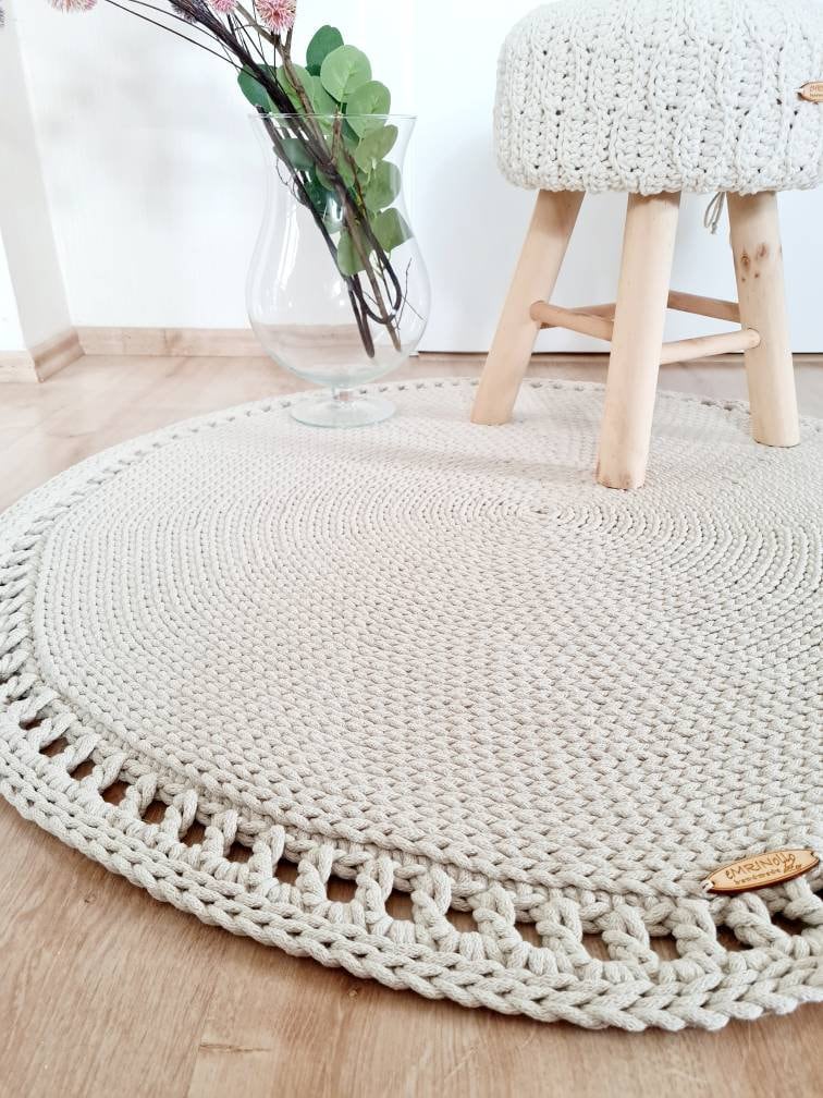 Teppich rund Badezimmer, Baumwollteppich beige, Teppich Babyzimmer, Mandala Teppich, skandinavisches Dekor, gehäkelter Teppich modern, Wohn