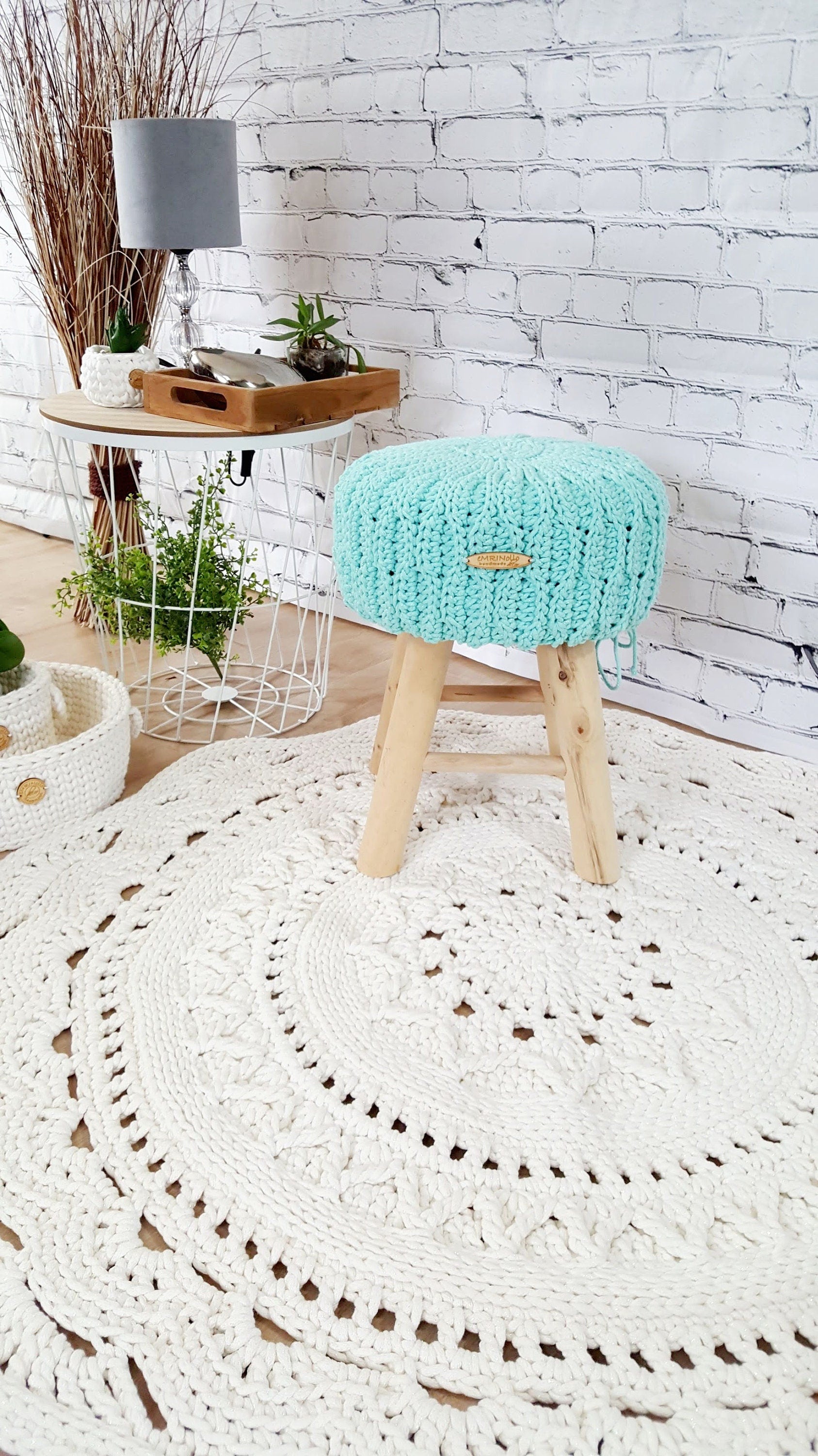 Teppich rund Wohnzimmer, Kinderzimmer Deko, Baumwollteppich, im skandinavischem Stil, vintage Teppich handgefertigt und nachhaltig