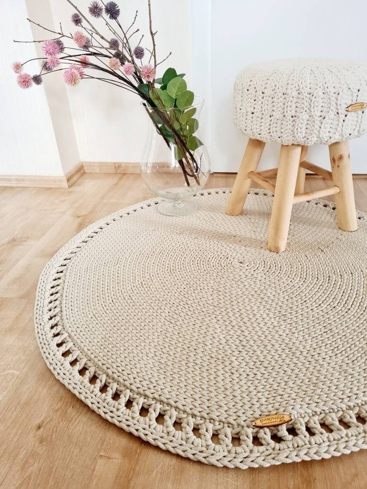 Teppich rund Badezimmer, Baumwollteppich beige, Teppich Babyzimmer, Mandala Teppich, skandinavisches Dekor, gehäkelter Teppich modern, Wohn