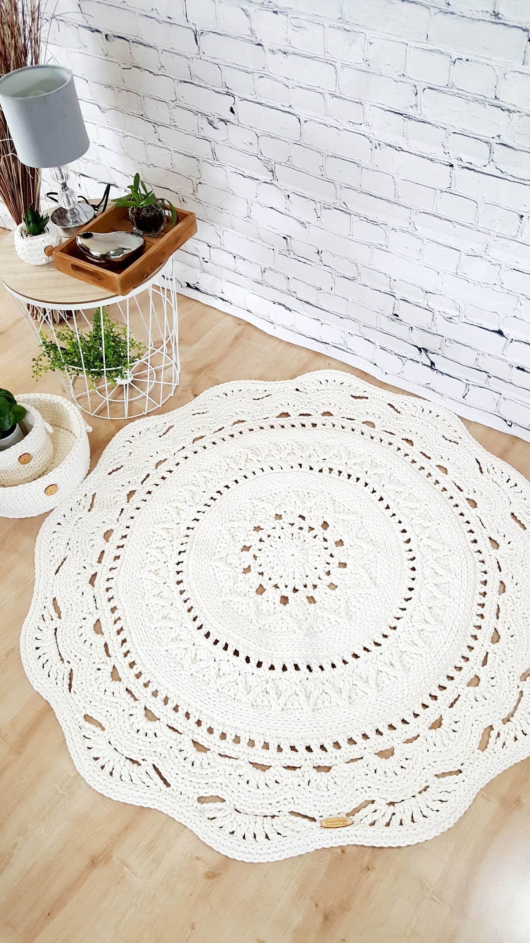 Teppich rund Wohnzimmer, Kinderzimmer Deko, Baumwollteppich, im skandinavischem Stil, vintage Teppich handgefertigt und nachhaltig