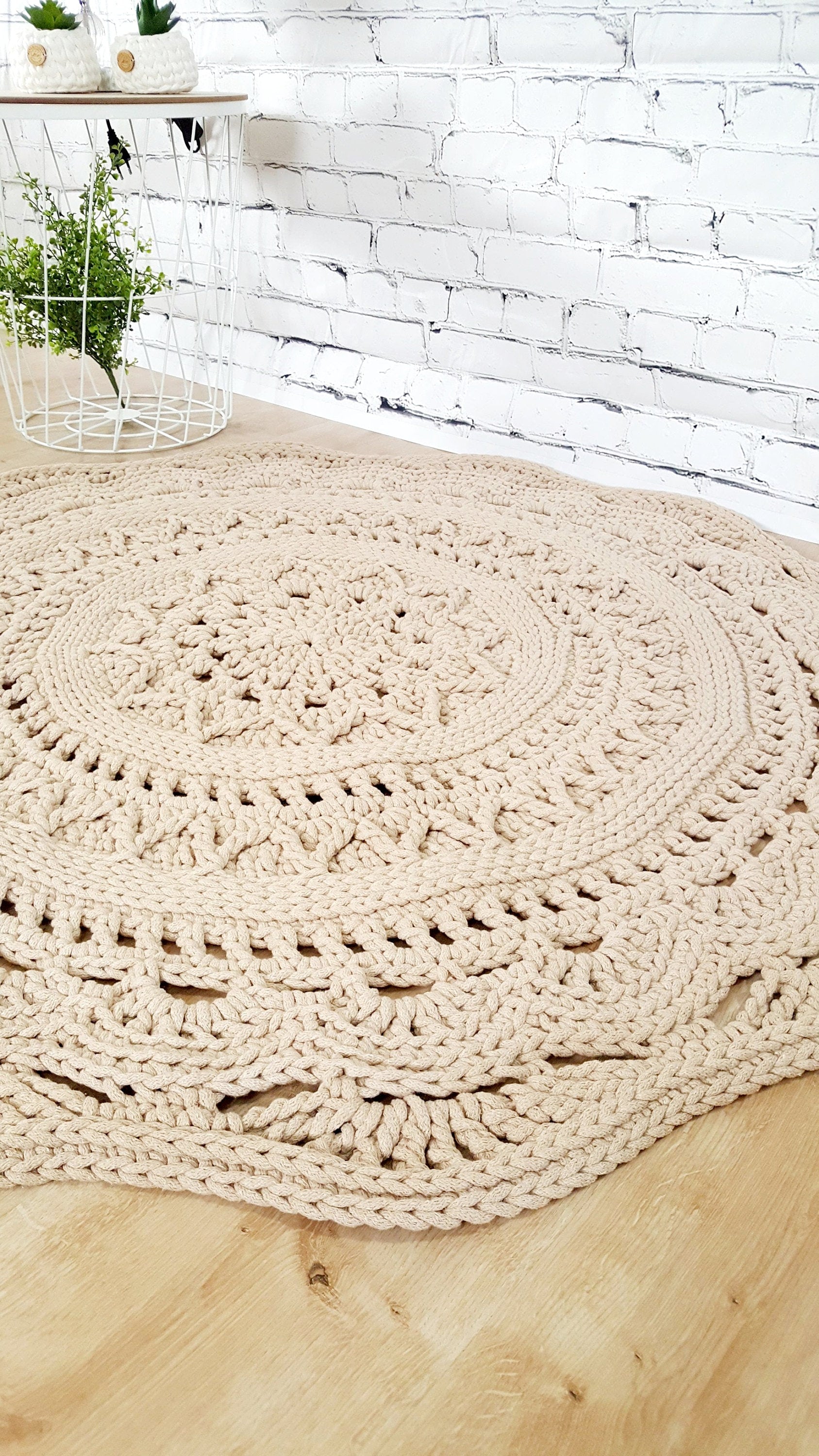 Teppich rund Wohnzimmer, Kinderzimmer Deko, Baumwollteppich, im skandinavischem Stil, vintage Teppich handgefertigt und nachhaltig