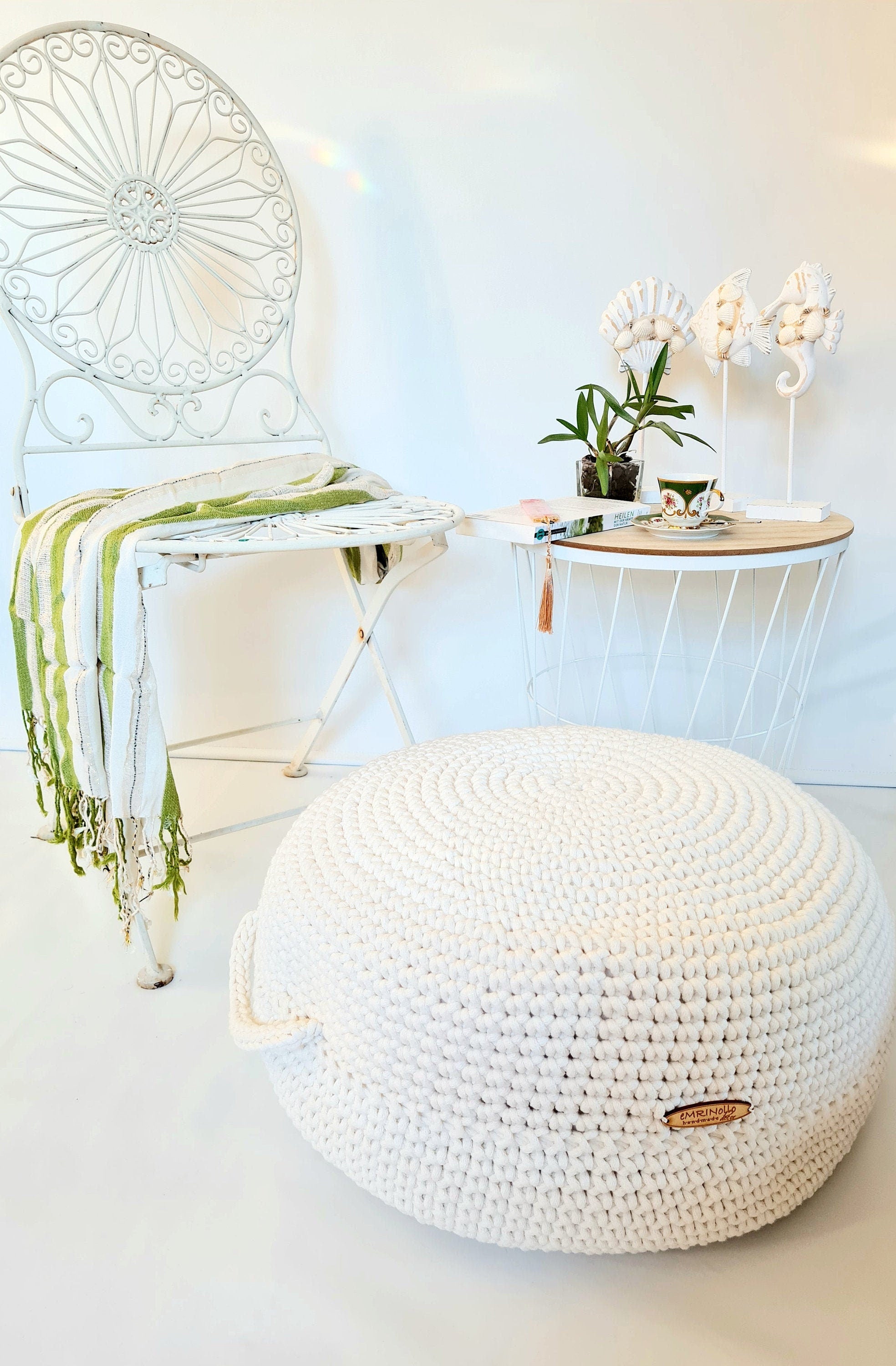 Pouf Ottoman gehäkelt, Sitzkissen, Kinderstuhl, Baumwoll Pouf im Skandinavischem Stil, Häkelhocker Kinderzimmer, Fußhocker, Sitzhocker