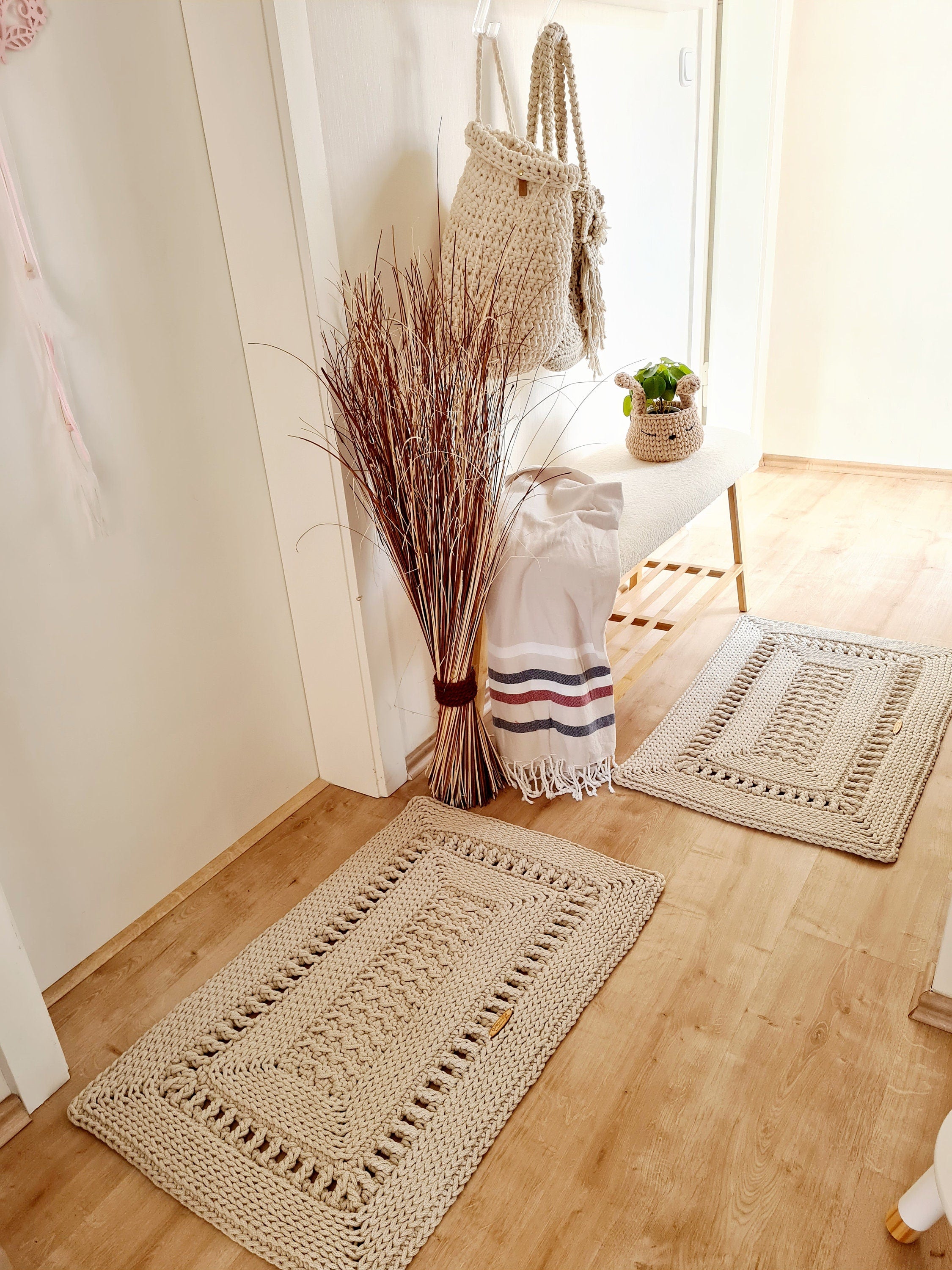 Teppichläufer Wohnzimmer eckig, Vorleger, im skandinavischem Stil, vintage Teppich handgefertigt, Flurläufer, Kinderzimmer Deko