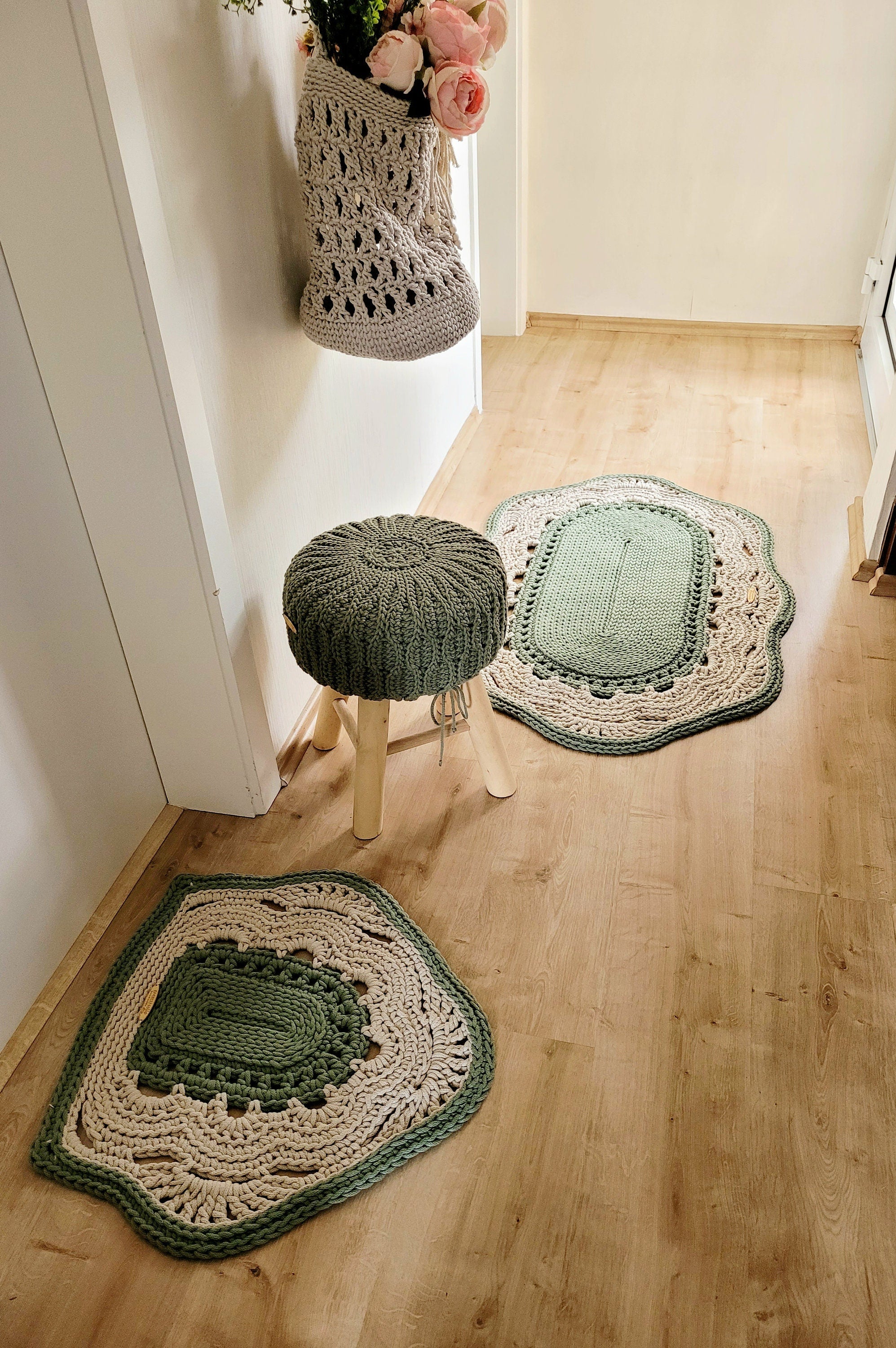 Teppich oval Wohnzimmer, Kinderzimmer Deko, Baumwollteppich, im skandinavischem Stil, vintage Teppich handgefertigt und nachhaltig