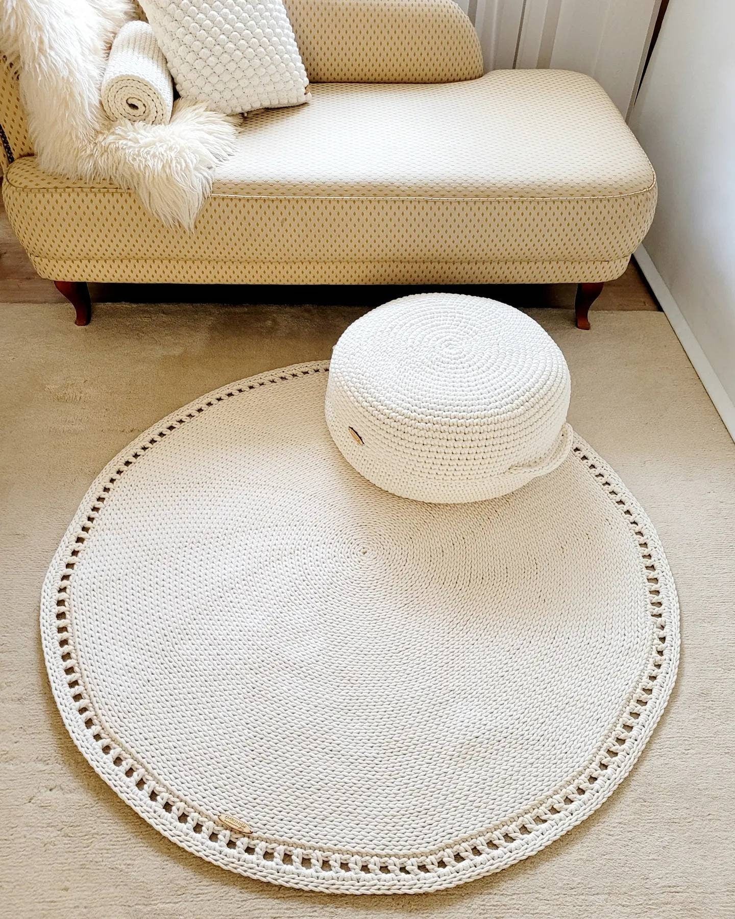 Teppich rund Badezimmer, Baumwollteppich beige, Teppich Babyzimmer, Mandala Teppich, skandinavisches Dekor, gehäkelter Teppich modern, Wohn