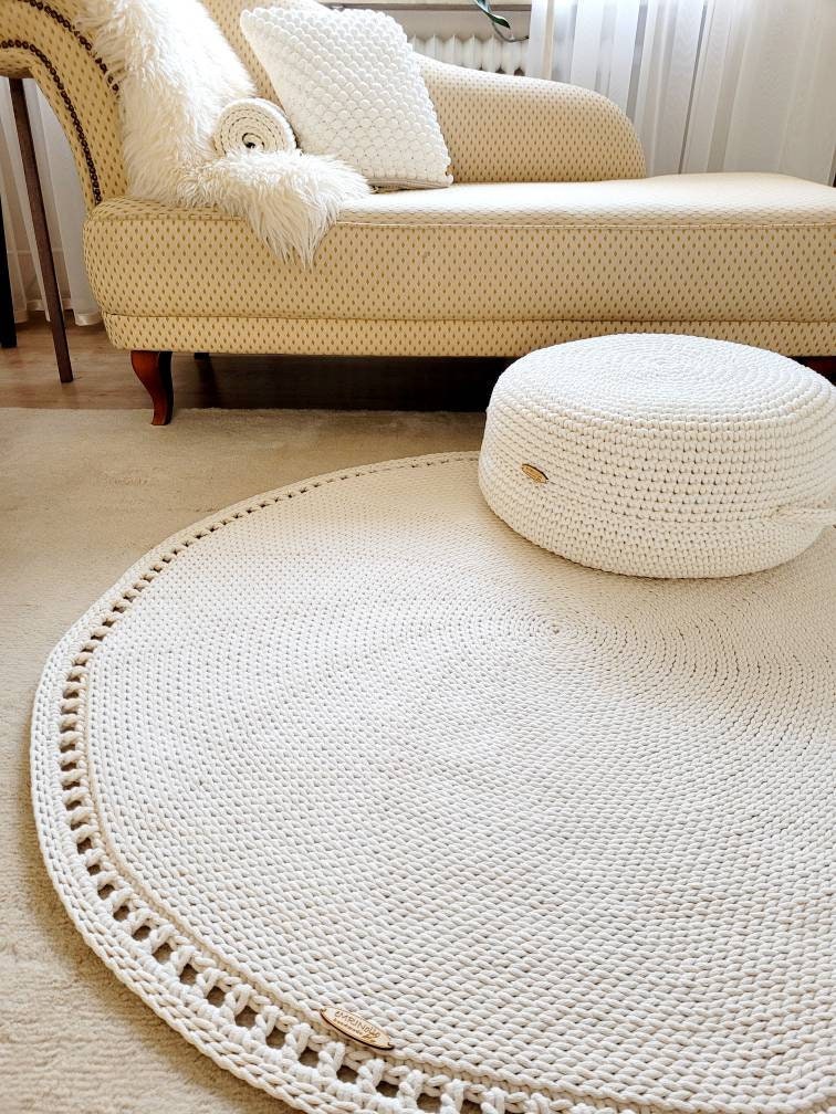 Teppich rund Wohnzimmer, Baumwollteppich beige, Teppich Babyzimmer, Mandala Teppich, skandinavisches Dekor, gehäkelter Teppich modern, Wohn