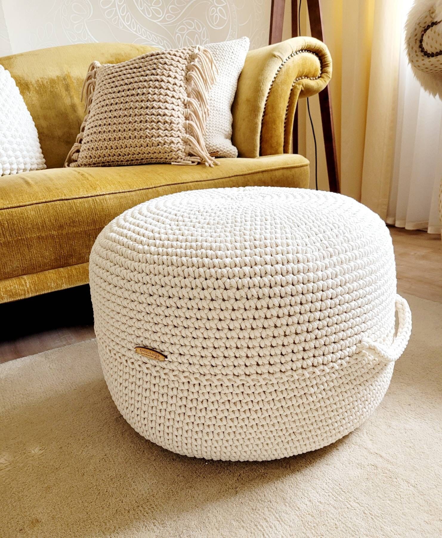 Pouf Footstool gehäkelt, Tischpouf, Wohnzimmer deko, Bodenkissen, Sitzkissen, Skandinavisches Dekor, Häkelhocker Kinderzimmer, Sitzhocker