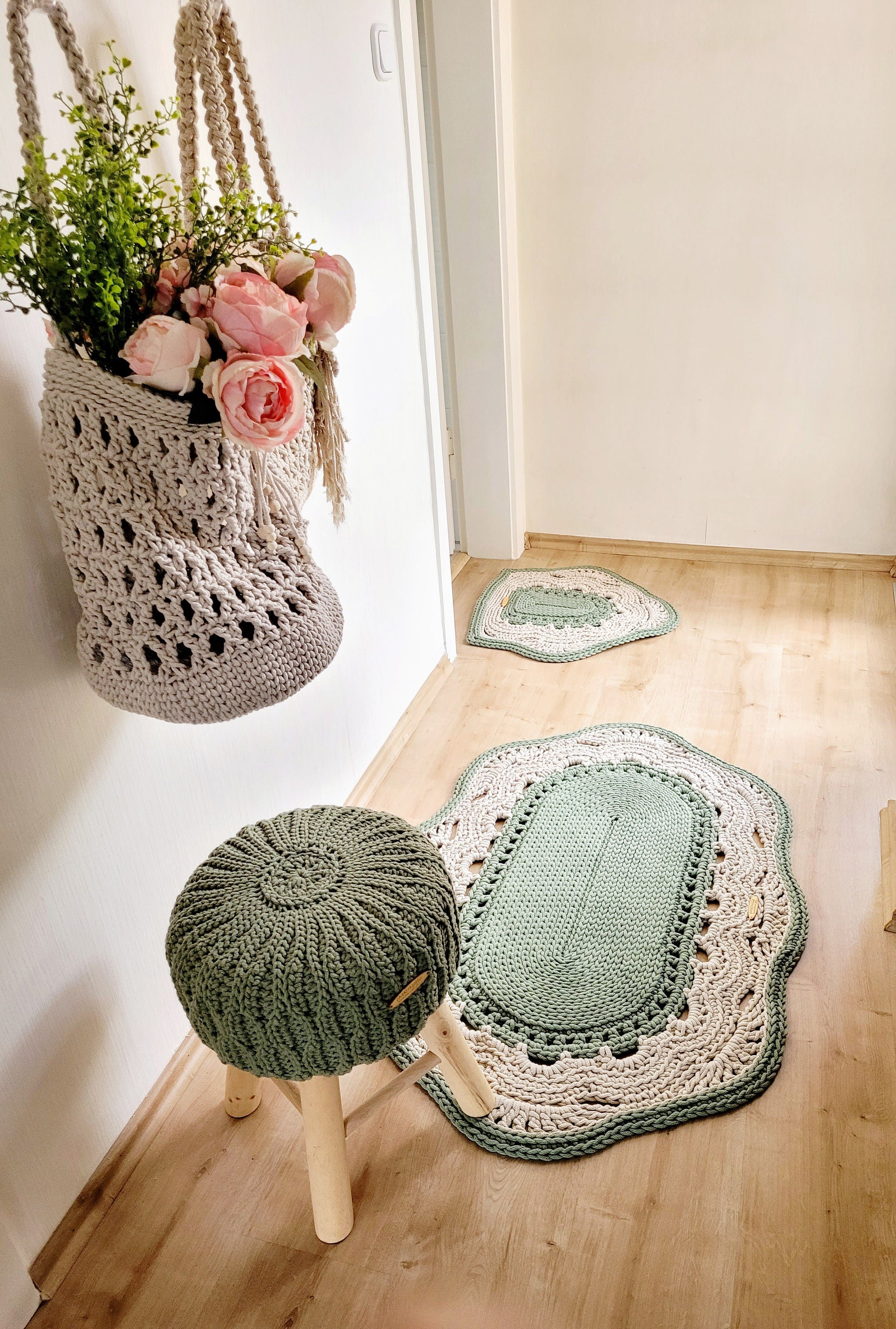 Teppich oval Wohnzimmer, Kinderzimmer Deko, Baumwollteppich, im skandinavischem Stil, vintage Teppich handgefertigt und nachhaltig