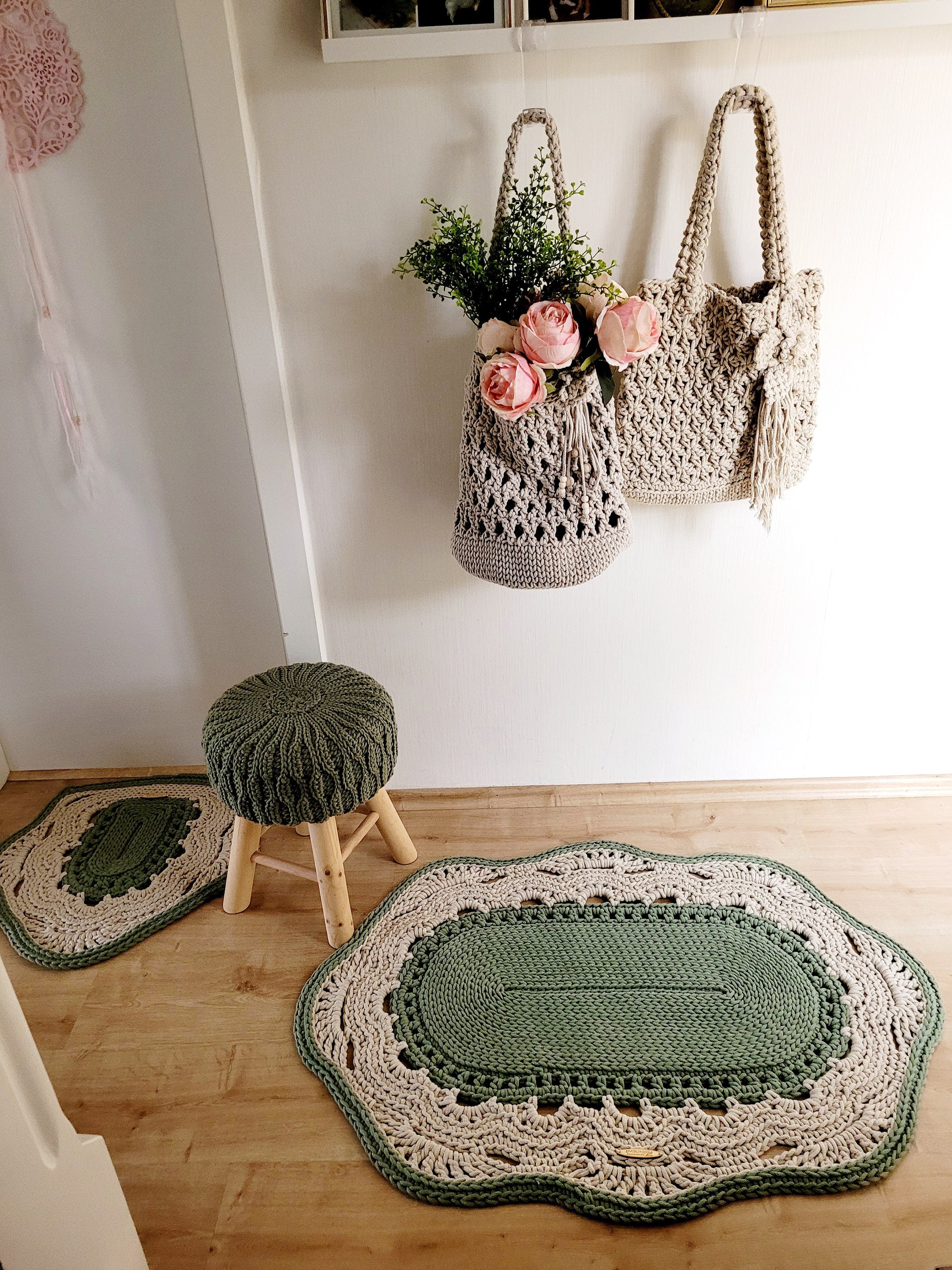 Teppich oval Wohnzimmer, Kinderzimmer Deko, Baumwollteppich, im skandinavischem Stil, vintage Teppich handgefertigt und nachhaltig