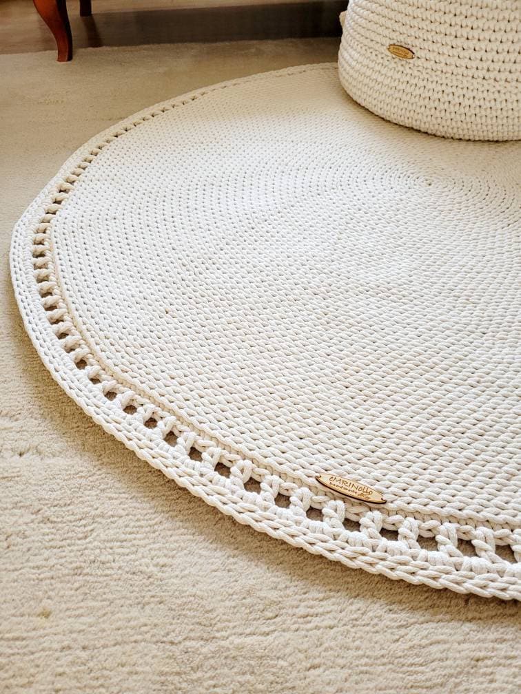 Teppich rund Badezimmer, Baumwollteppich beige, Teppich Babyzimmer, Mandala Teppich, skandinavisches Dekor, gehäkelter Teppich modern, Wohn