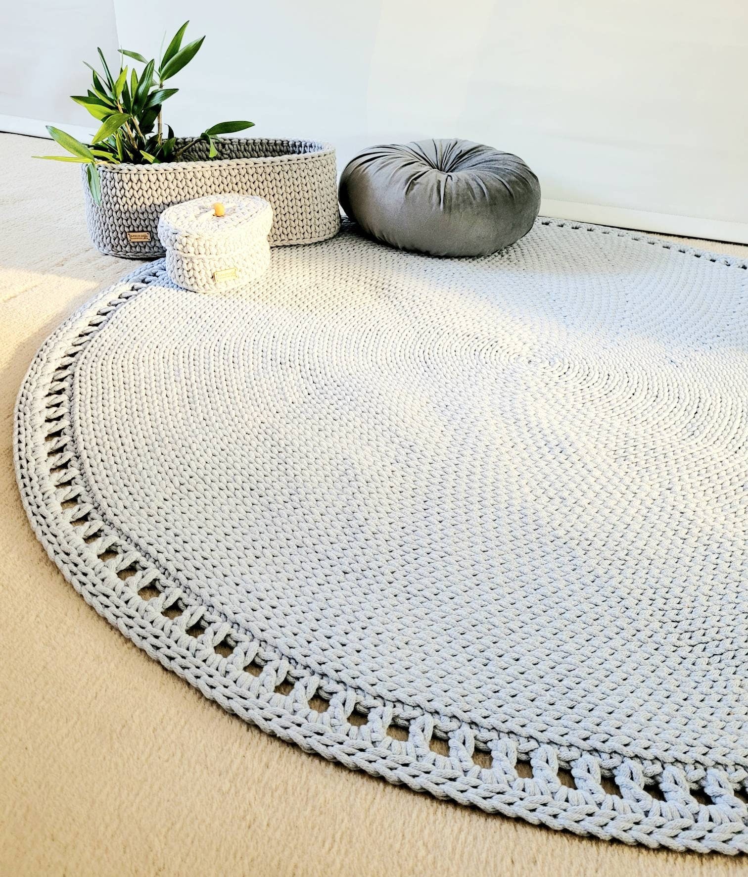 Teppich rund Wohnzimmer, Baumwollteppich beige, Teppich Babyzimmer, Mandala Teppich, skandinavisches Dekor, gehäkelter Teppich modern, Wohn