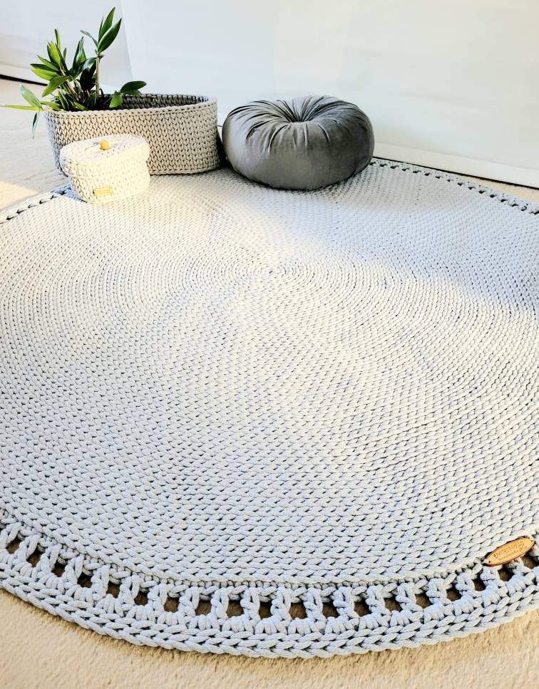 Teppich rund Wohnzimmer, Baumwollteppich beige, Teppich Babyzimmer, Mandala Teppich, skandinavisches Dekor, gehäkelter Teppich modern, Wohn