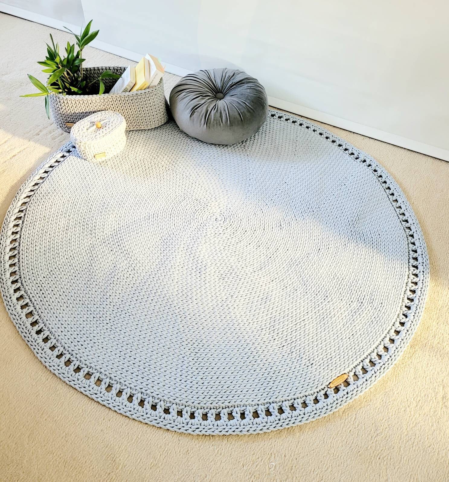 Teppich rund Wohnzimmer, Baumwollteppich beige, Teppich Babyzimmer, Mandala Teppich, skandinavisches Dekor, gehäkelter Teppich modern, Wohn
