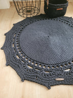 Runder Teppich, gehäkelter Teppich anthtracite Dekor, gehäkelte Teppiche, im skandinavischen neutral Dekor, vintage, Teppich handgefertigt