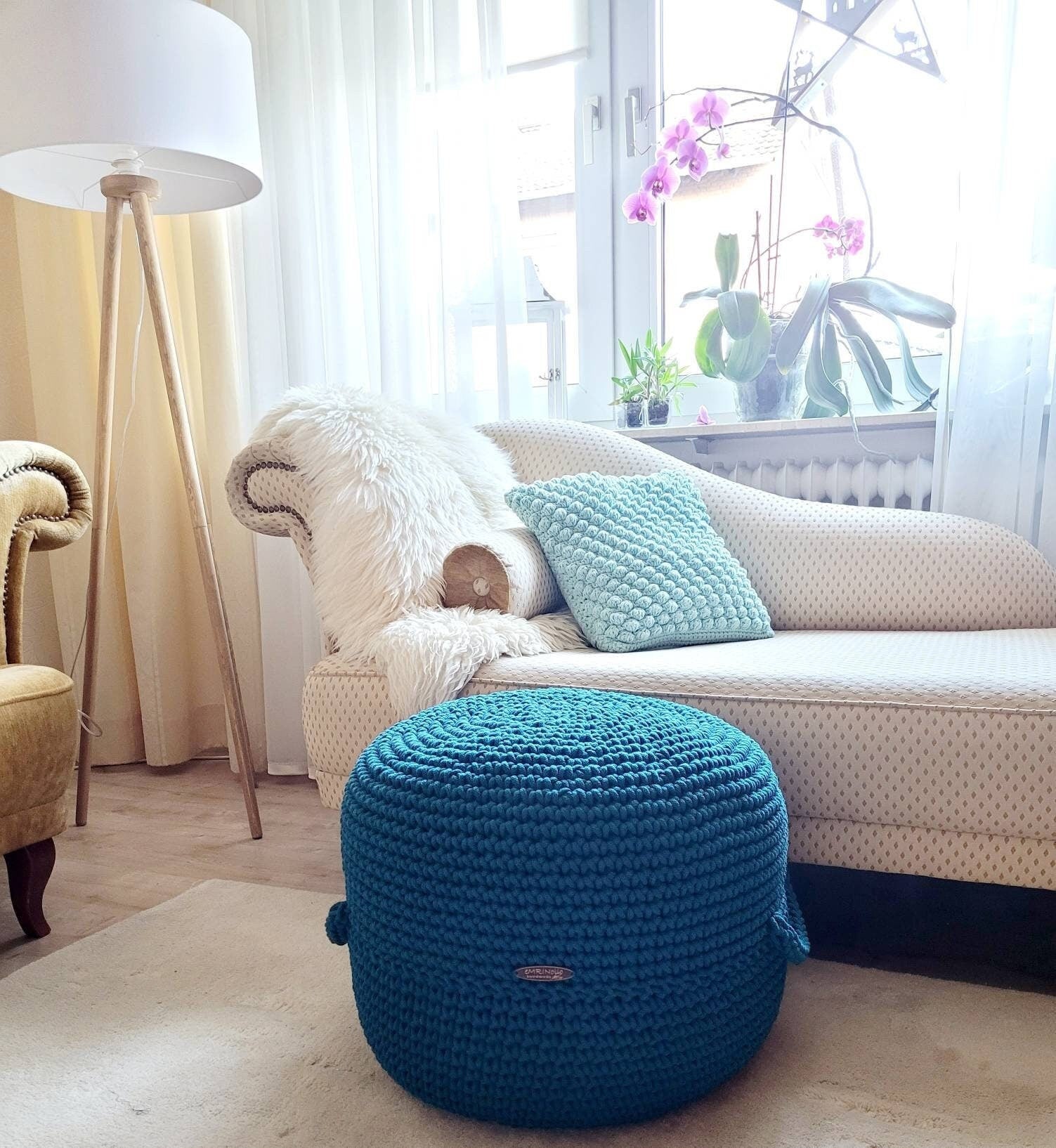 Pouf Footstool Sitzhocker Sitzkissen gehäkelt, Tischpouf, Wohnzimmer deko, Bodenkissen, Geschenkidee, Kinderzimmer Einrichtung