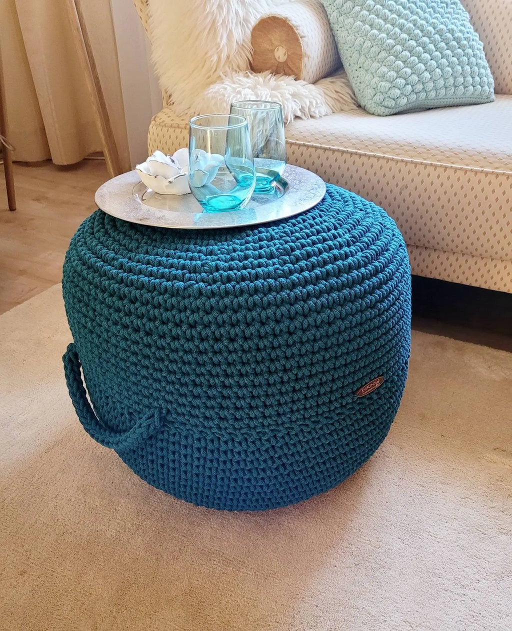 Pouf Footstool Sitzhocker Sitzkissen gehäkelt, Tischpouf, Wohnzimmer deko, Bodenkissen, Geschenkidee, Kinderzimmer Einrichtung