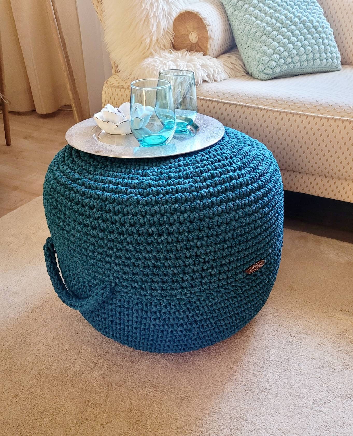 Pouf Footstool Sitzhocker Sitzkissen gehäkelt, Tischpouf, Wohnzimmer deko, Bodenkissen, Geschenkidee, Kinderzimmer Einrichtung