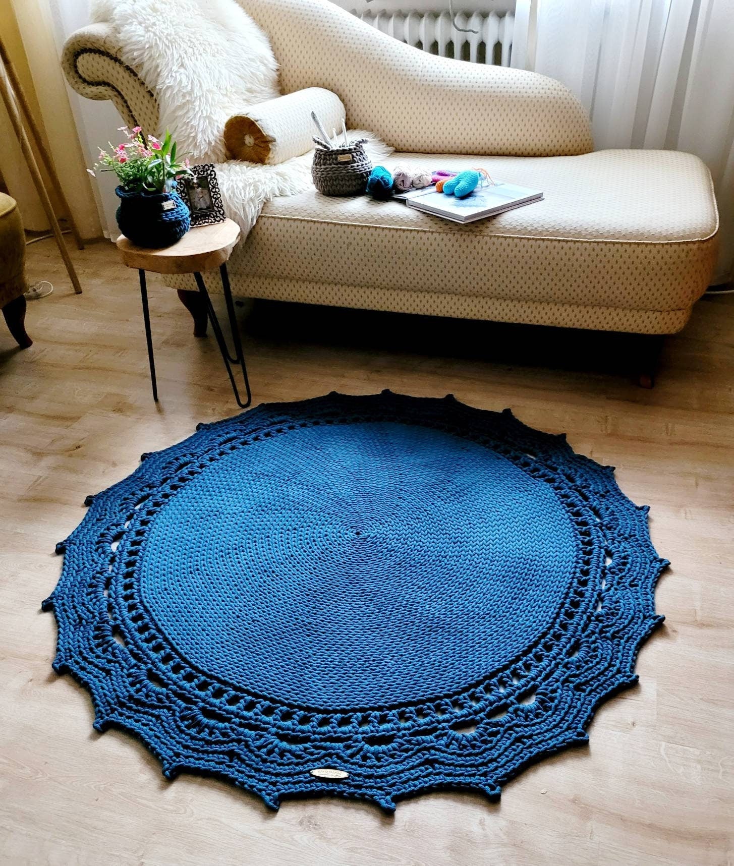 Runder Teppich, gehäkelter Teppich Kinderzimmer Dekor, gehäkelte Teppiche, im skandinavischen neutral Dekor, vintage, Teppich handgefertigt