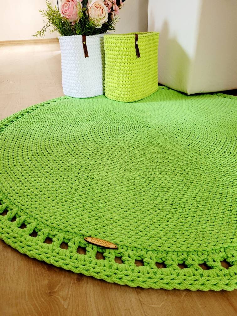 Teppich rund Babyzimmer, Baumwollteppich grün, Teppich Kinderzimmer, Mandala Teppich, skandinavisches Dekor, gehäkelter Teppich modern, Wohn