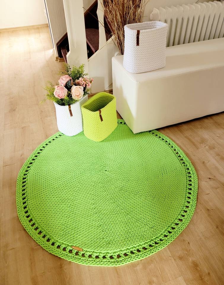 Teppich rund Babyzimmer, Baumwollteppich grün, Teppich Kinderzimmer, Mandala Teppich, skandinavisches Dekor, gehäkelter Teppich modern, Wohn