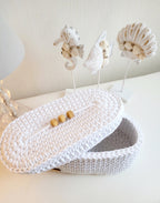 Kosmetikkorb gehäkelt oval, Aufbewahrungskorb mit Deckel, Dekoration Korb, Badausstattung, Geschenk Korb, Babyzimmer deko, Aufbewahrung Bad