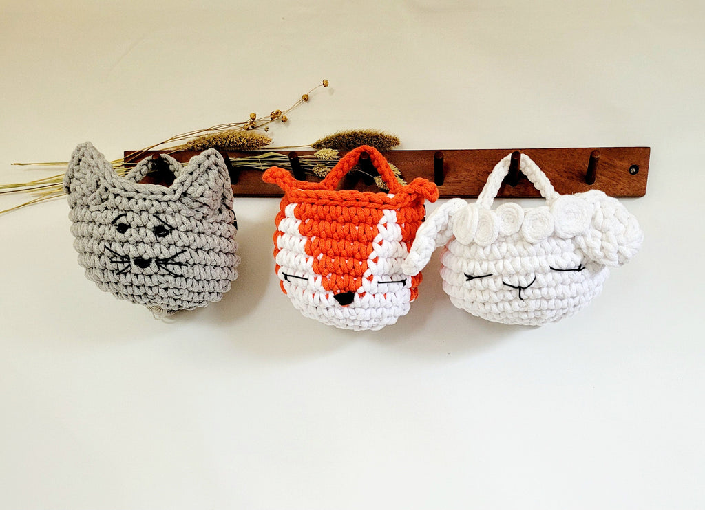 Körbchen Katze für Kinder - Aufbewahrung und Ordnung gehäkelt aus Baumwolle, Wanddeko im Kinderzimmer für ein lustiges Spielzeit-Erlebnis