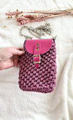 Crochet Phone Bag with Magnetic Closure – Crossbody Pouch for Smartphone – Handmade Storage with Leather Flap & Chain Strap