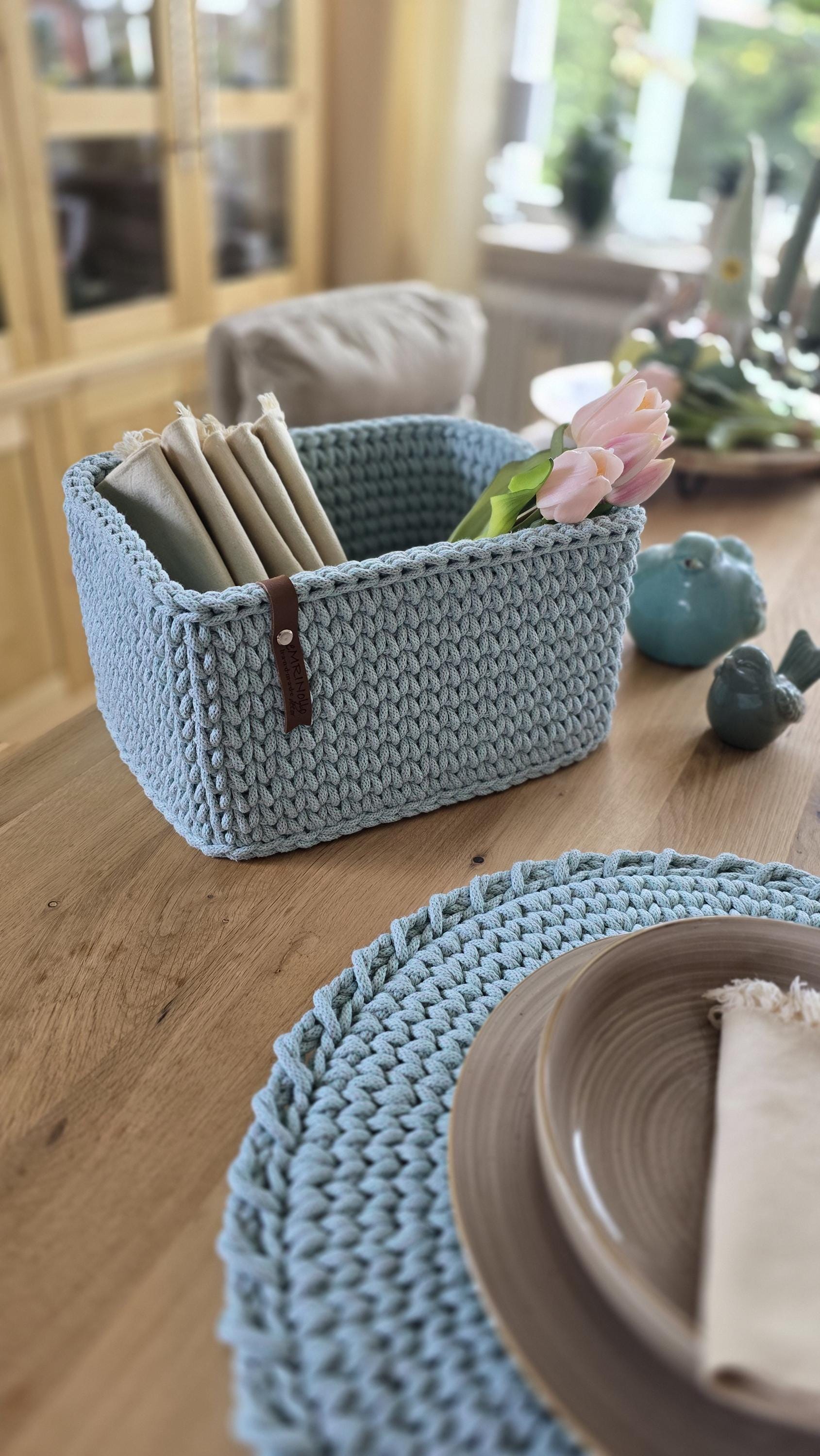 Crocheted Storage Basket – Rectangular Cotton Bin – Boho Bathroom Organizer – Handmade Unisex Home Decor Box