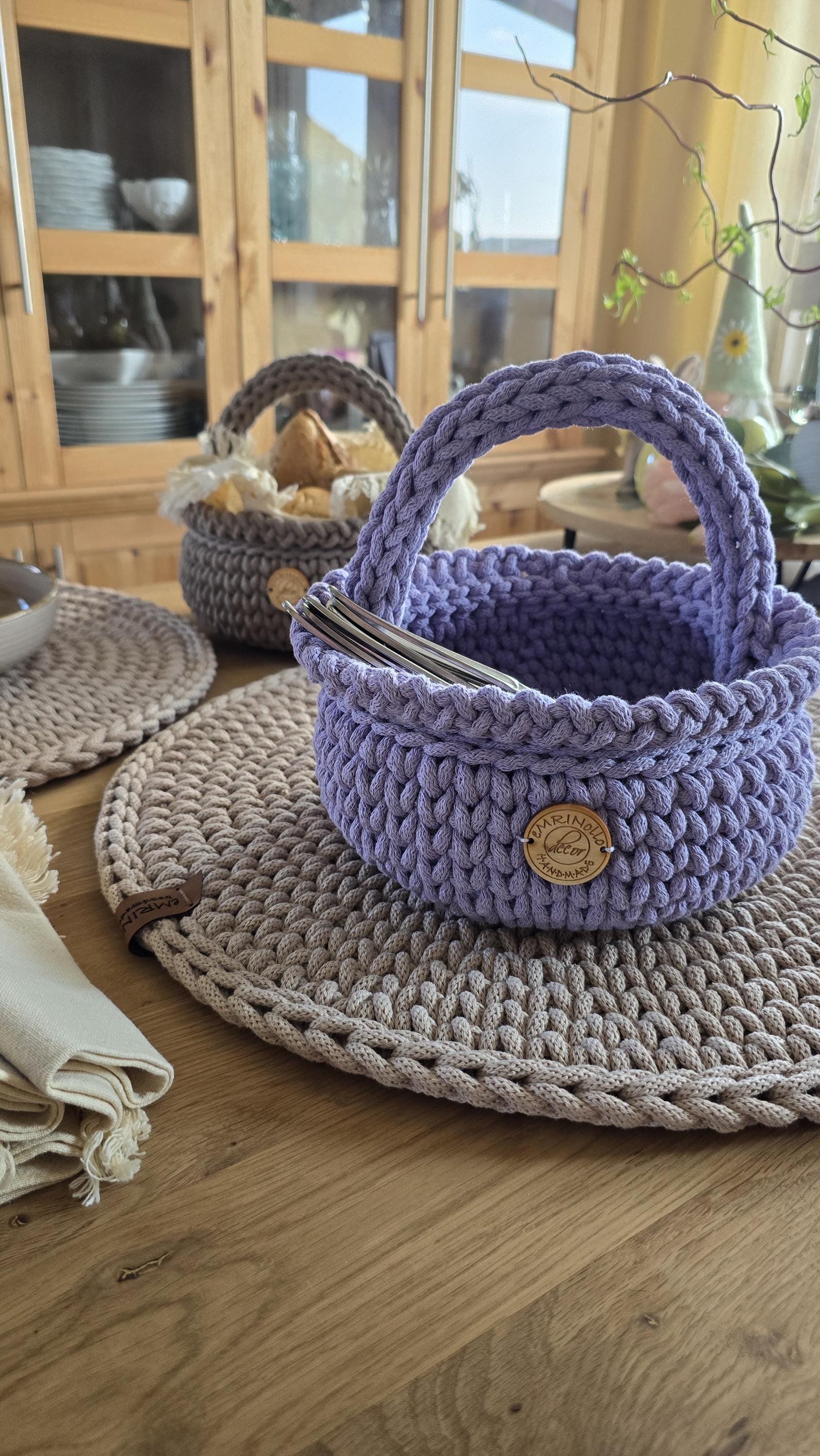Crochet Handle Basket Cotton – Handmade Bread Basket Modern – Home Organizer – Sustainable Living Room Decor Storage Bin