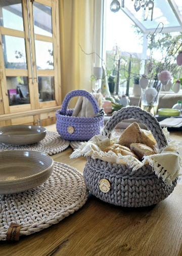 Crochet Handle Basket Cotton – Handmade Bread Basket Modern – Home Organizer – Sustainable Living Room Decor Storage Bin