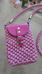 Crochet Phone Bag, Crossbody Smartphone Bag with Leather Flap, Handmade Cell Phone Purse, Festival Bag for Women